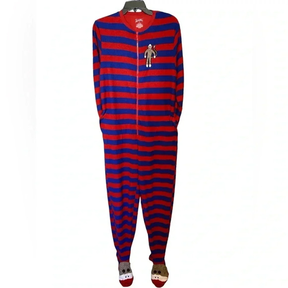 🐒 Sock Monkey red and blue striped onesie pajama adult size small 🐒 - Picture 1 of 7